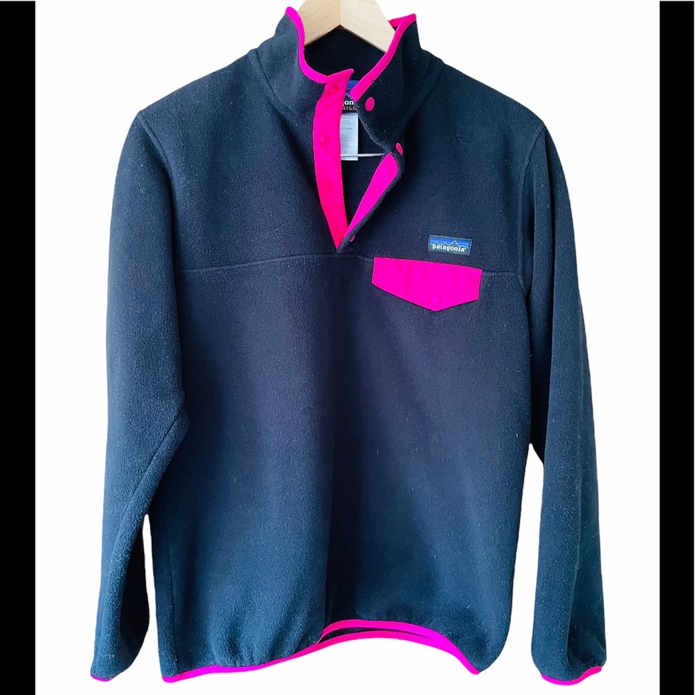 Patagonia Black Fleece Pullover with Bright Pink Trim